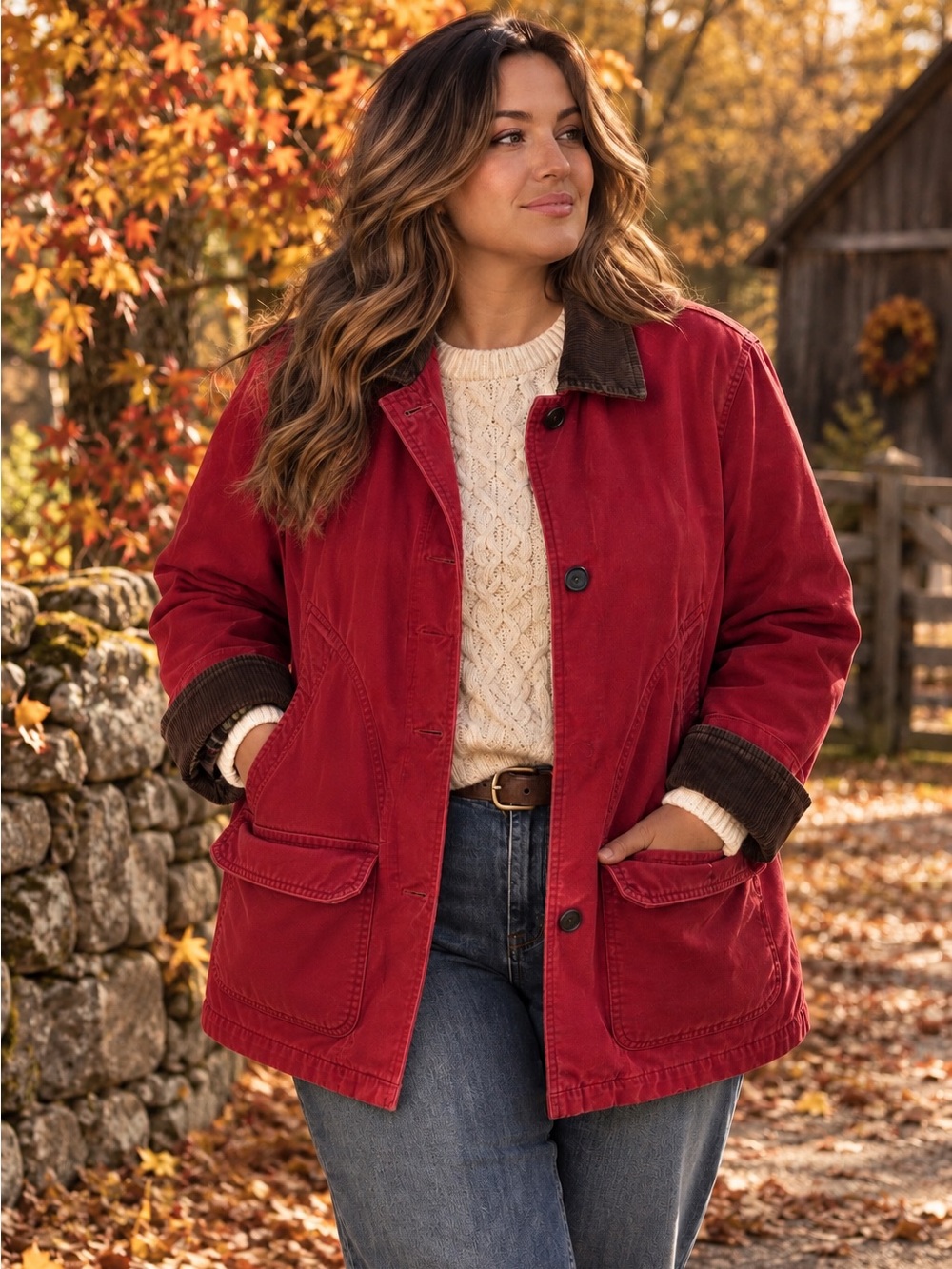 Vintage Lands’ End Barn Jacket Red Cotton Corduroy Collar Plaid Lined Chore Coat